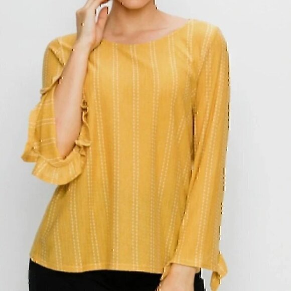 W5 ANTHROPOLOGIE Mariana Blouse Dot Stripe Blue White Ruffle 3/4 Sleeve Boho Top - Picture 3 of 12